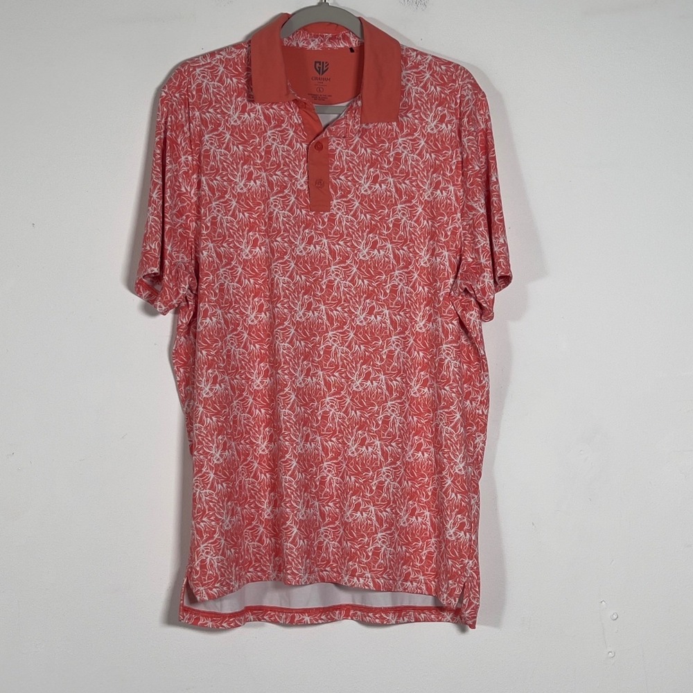 Graham Luxe Golf Polo Shirt Mens Sz L Coral Floral Performance Short Sleeve‎